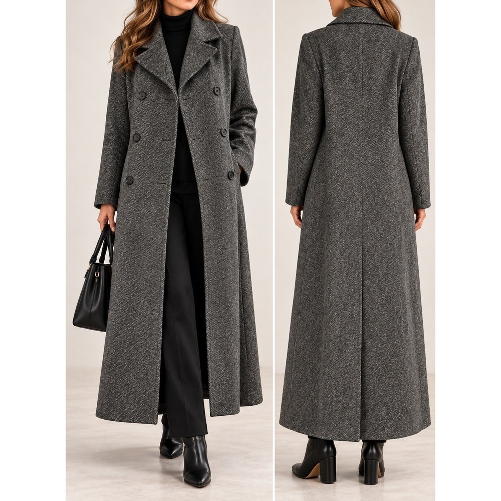 Pavillon Petite Vintage Grey Herringbone 100% Wool Double Breasted Long Coat